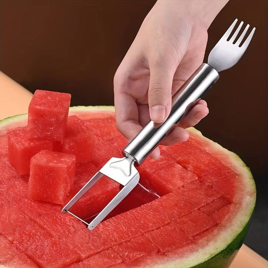 2-in-1 Stainless Steel Watermelon Cutter & Fork – Dual-Head Fruit Slicer, Melon Cube Cutter, and Serving Tool for Home Kitchen